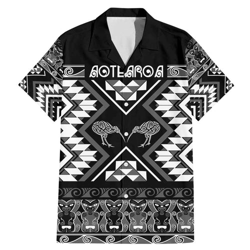 Personalised Taniko Motifs Aotearoa Family Matching Mermaid Dress and Hawaiian Shirt Waitangi Kowhaiwhai Kiwi - Monochrome