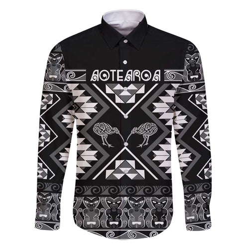 Personalised Taniko Motifs Aotearoa Family Matching Off The Shoulder Long Sleeve Dress and Hawaiian Shirt Waitangi Kowhaiwhai Kiwi - Monochrome