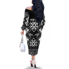 Personalised Taniko Motifs Aotearoa Family Matching Off The Shoulder Long Sleeve Dress and Hawaiian Shirt Waitangi Kowhaiwhai Kiwi - Monochrome