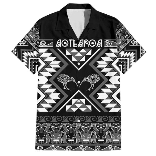 Personalised Taniko Motifs Aotearoa Family Matching Tank Maxi Dress and Hawaiian Shirt Waitangi Kowhaiwhai Kiwi - Monochrome