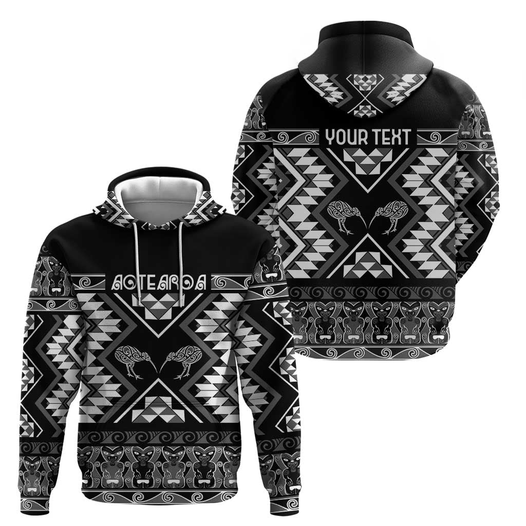 Personalised Taniko Motifs Aotearoa Hoodie Waitangi Kowhaiwhai Kiwi - Monochrome
