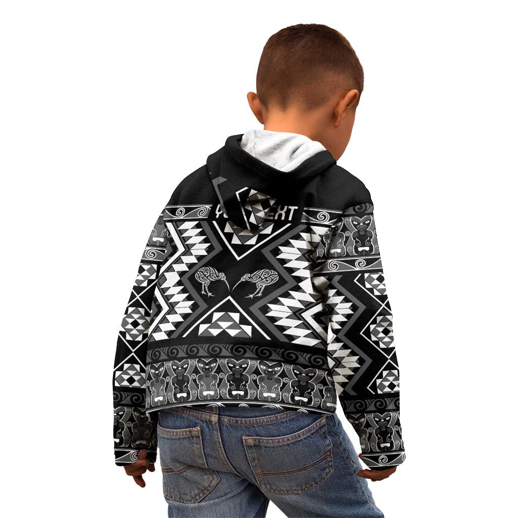 Personalised Taniko Motifs Aotearoa Kid Hoodie Waitangi Kowhaiwhai Kiwi - Monochrome