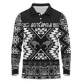 Personalised Taniko Motifs Aotearoa Long Sleeve Polo Shirt Waitangi Kowhaiwhai Kiwi - Monochrome