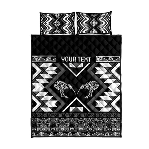 Personalised Taniko Motifs Aotearoa Quilt Bed Set Waitangi Kowhaiwhai Kiwi - Monochrome