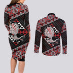 Taniko Aotearoa Couples Matching Long Sleeve Bodycon Dress and Long Sleeve Button Shirt Poutama Mix Piwakawaka