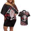 Taniko Aotearoa Couples Matching Off Shoulder Short Dress and Hawaiian Shirt Poutama Mix Piwakawaka