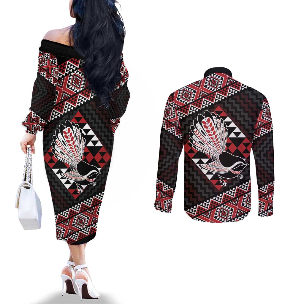 Taniko Aotearoa Couples Matching Off The Shoulder Long Sleeve Dress and Long Sleeve Button Shirt Poutama Mix Piwakawaka