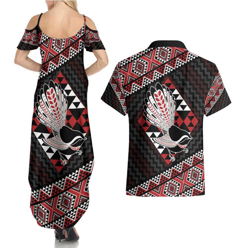Taniko Aotearoa Couples Matching Summer Maxi Dress and Hawaiian Shirt Poutama Mix Piwakawaka
