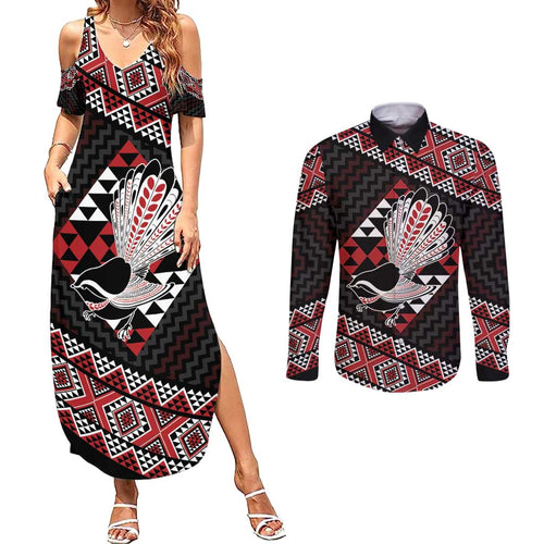 Taniko Aotearoa Couples Matching Summer Maxi Dress and Long Sleeve Button Shirt Poutama Mix Piwakawaka