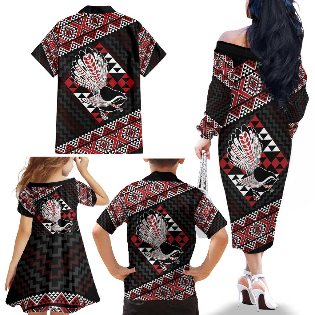 Taniko Aotearoa Family Matching Off The Shoulder Long Sleeve Dress and Hawaiian Shirt Poutama Mix Piwakawaka