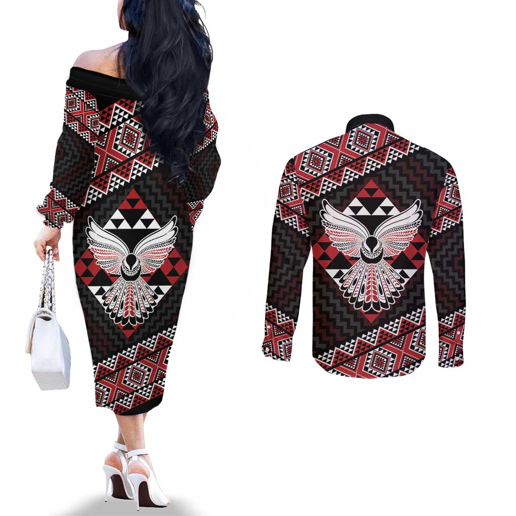 Taniko Aotearoa Couples Matching Off The Shoulder Long Sleeve Dress and Long Sleeve Button Shirt Poutama Mix Piwakawaka - Ver02