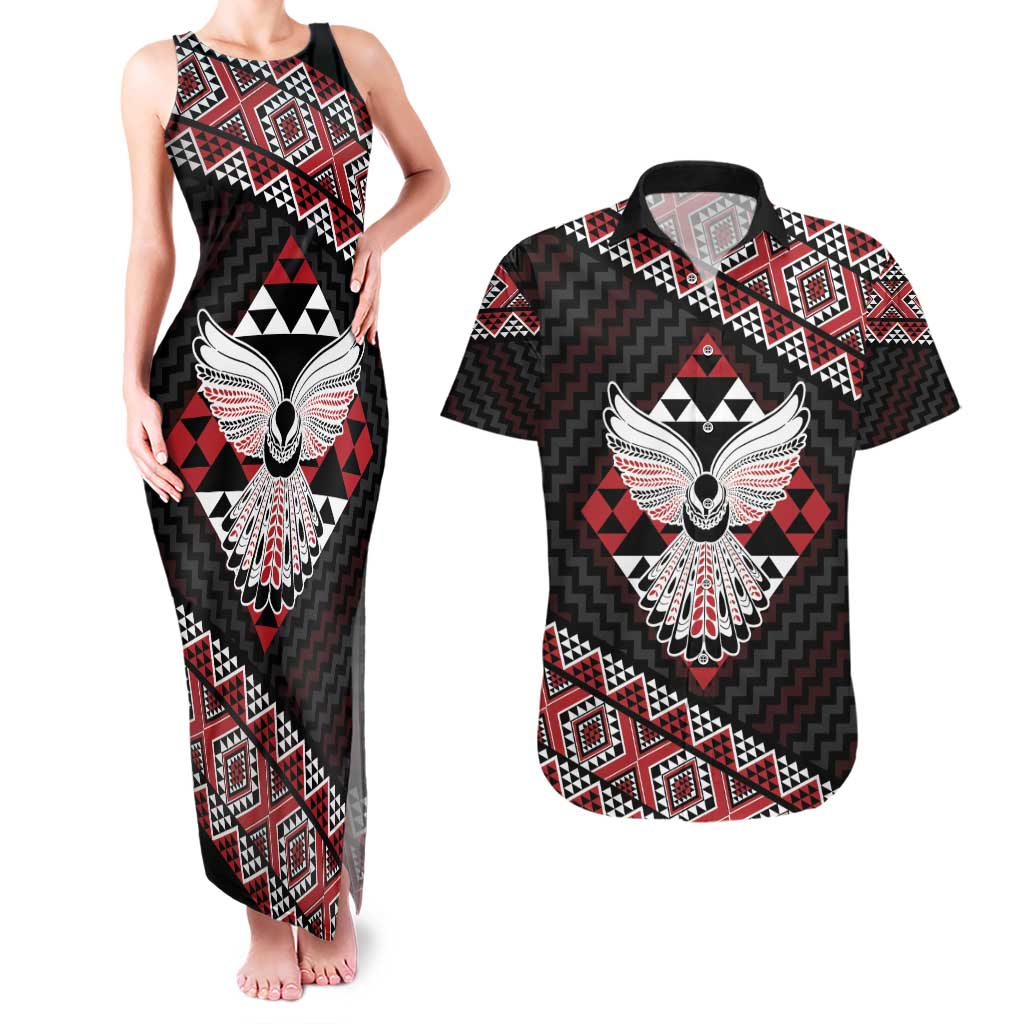 Taniko Aotearoa Couples Matching Tank Maxi Dress and Hawaiian Shirt Poutama Mix Piwakawaka - Ver02