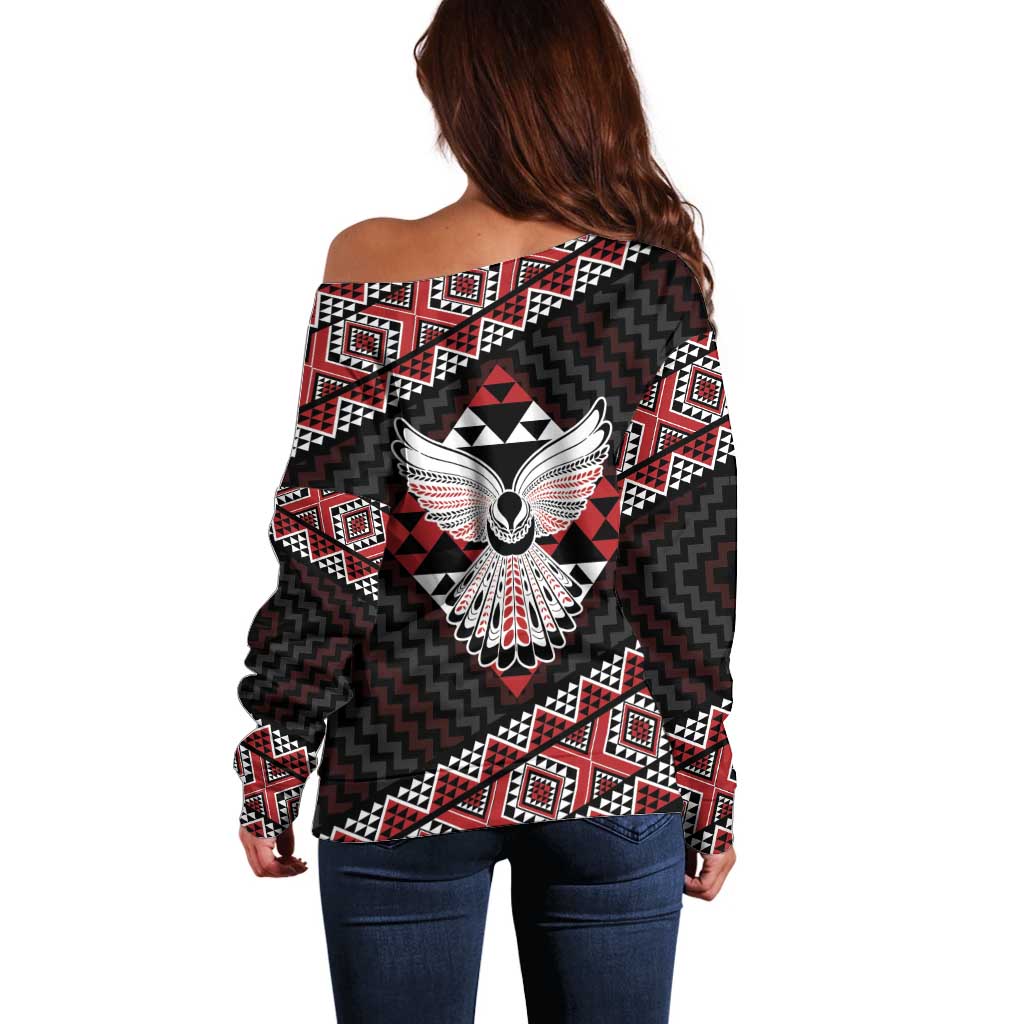 Taniko Aotearoa Off Shoulder Sweater Poutama Mix Piwakawaka - Ver02