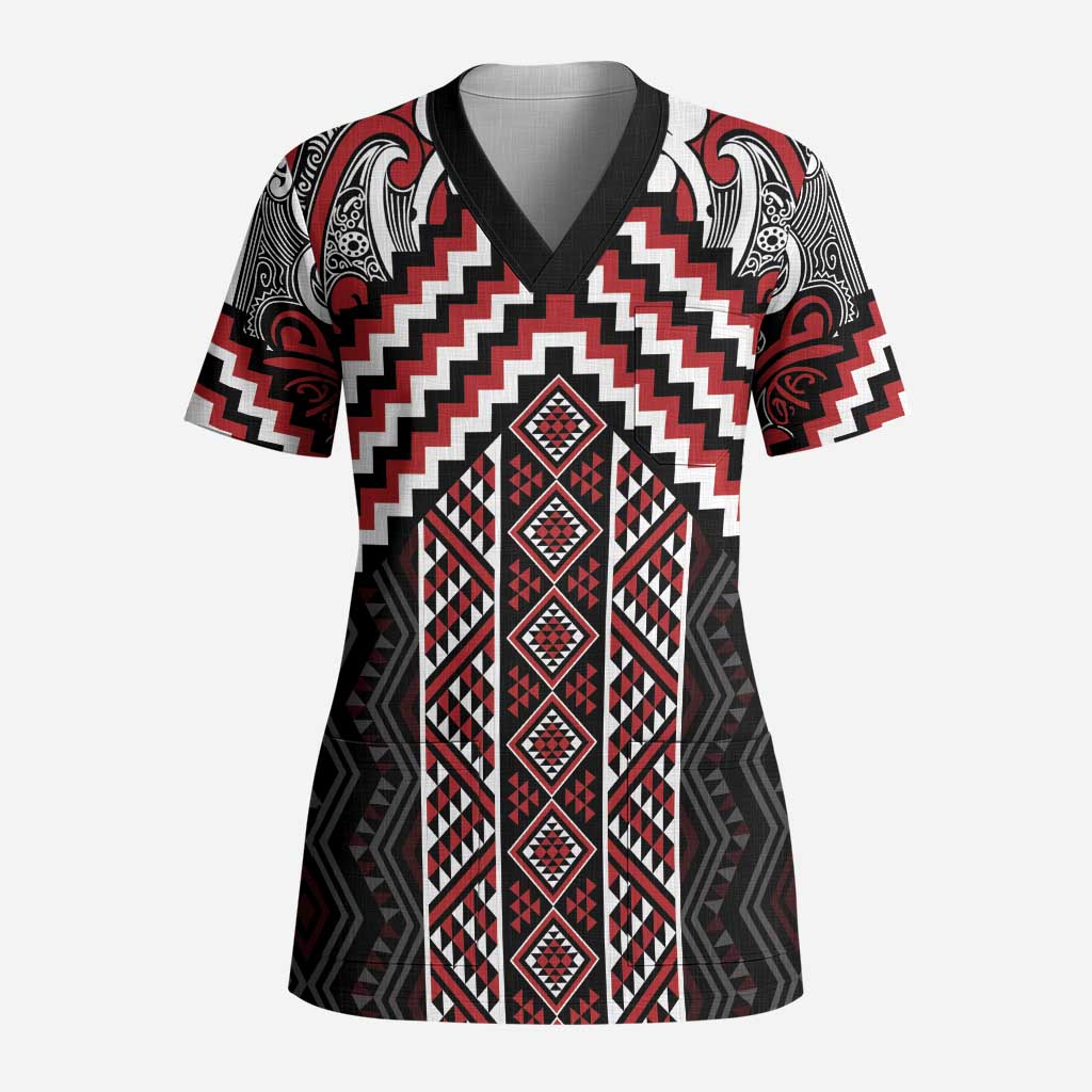 Maori Tukutuku Taniko Motifs Scrub Top Red Poutama Mix Kowhaiwhai - Aussie Hoodie