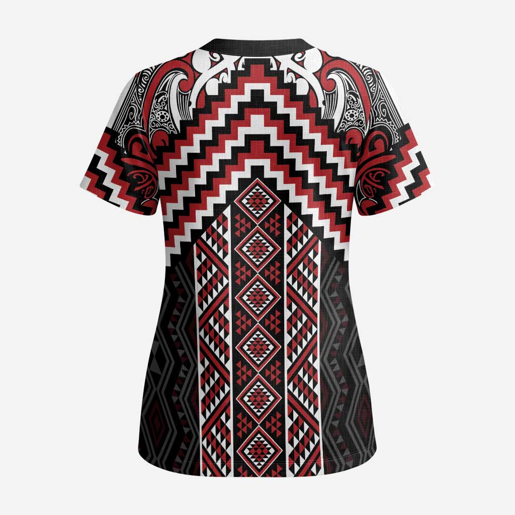 Maori Tukutuku Taniko Motifs Scrub Top Red Poutama Mix Kowhaiwhai - Aussie Hoodie