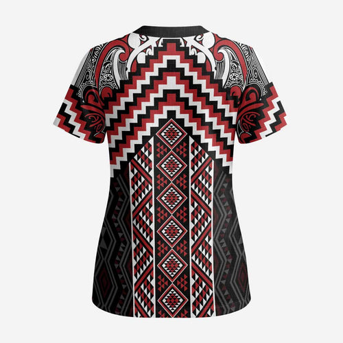 Maori Tukutuku Taniko Motifs Scrub Top Red Poutama Mix Kowhaiwhai - Aussie Hoodie