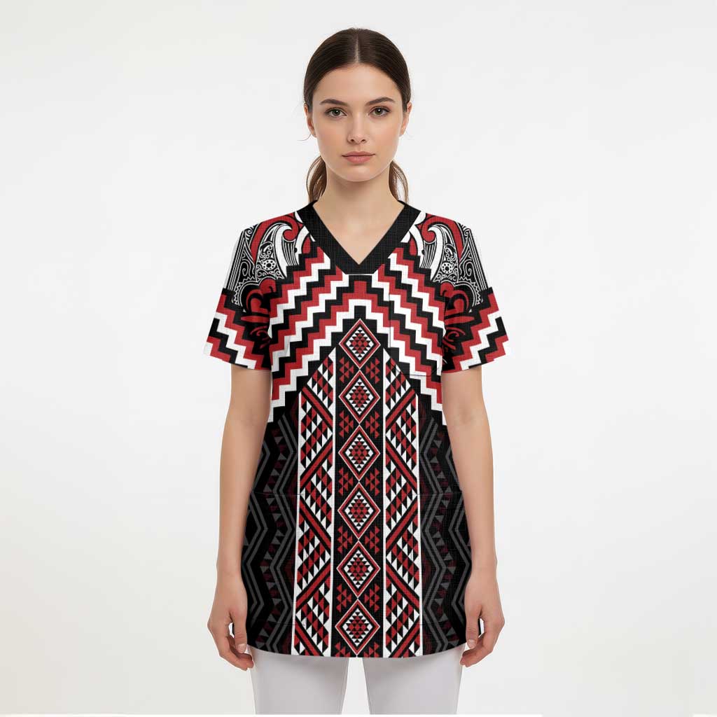 Maori Tukutuku Taniko Motifs Scrub Top Red Poutama Mix Kowhaiwhai - Aussie Hoodie