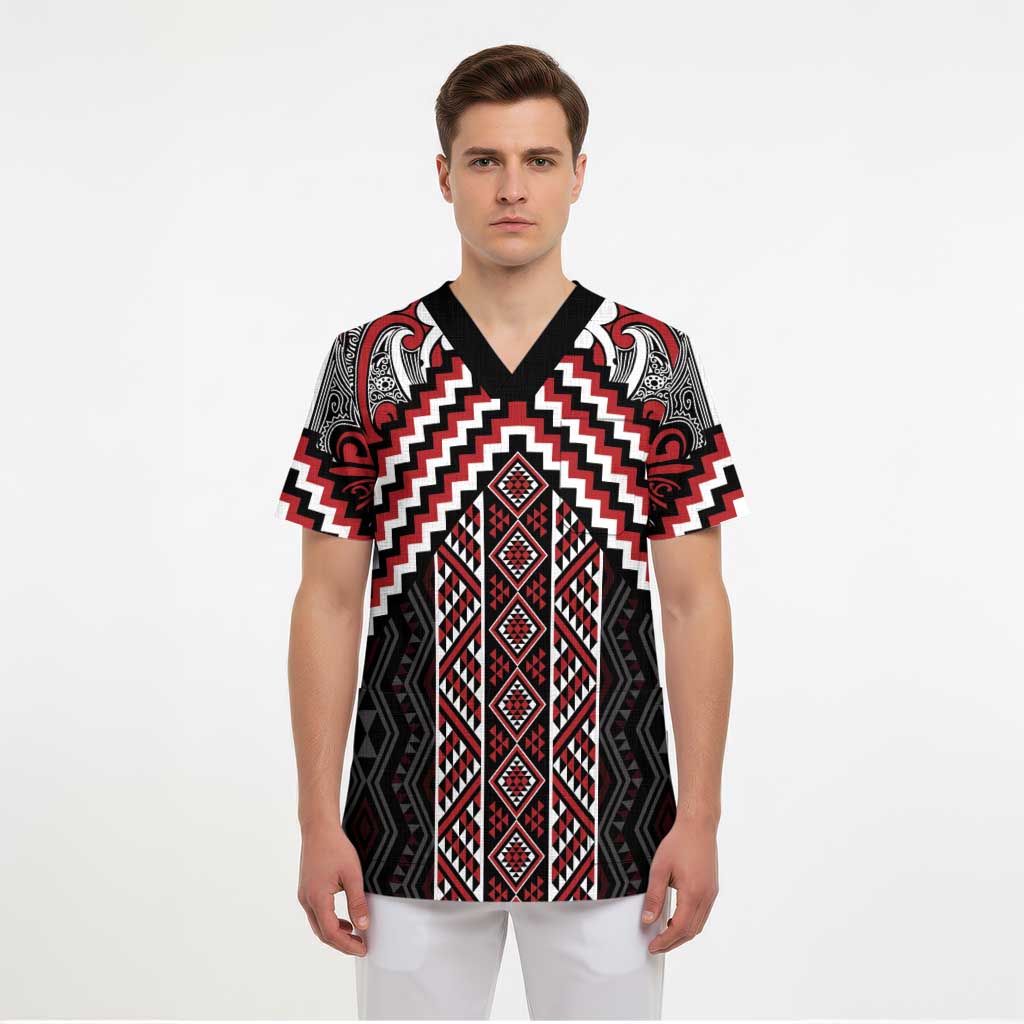 Maori Tukutuku Taniko Motifs Scrub Top Red Poutama Mix Kowhaiwhai - Aussie Hoodie