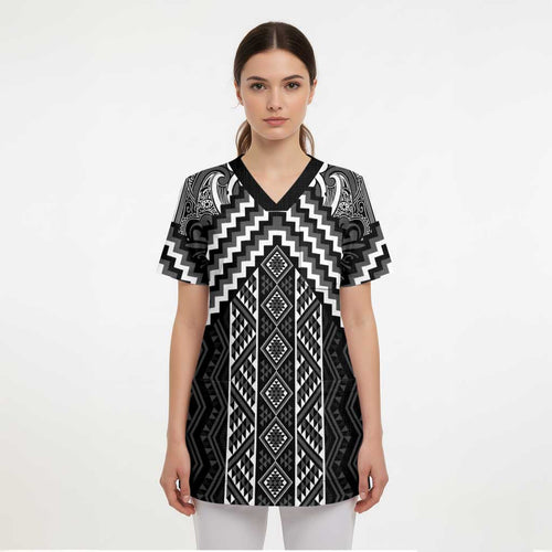 Maori Tukutuku Taniko Motifs Scrub Top Black Poutama Mix Kowhaiwhai - Aussie Hoodie