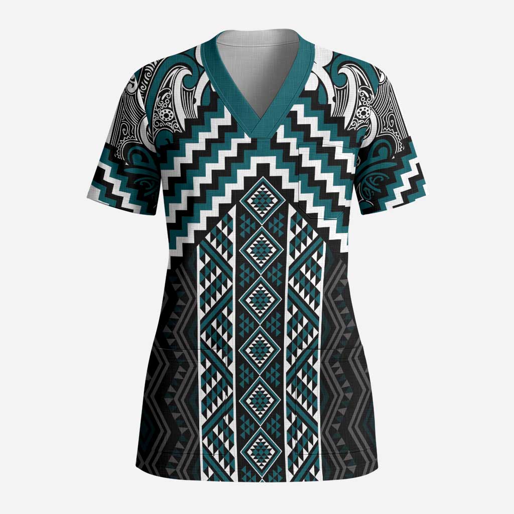 Maori Tukutuku Taniko Motifs Scrub Top Teal Poutama Mix Kowhaiwhai - Aussie Hoodie