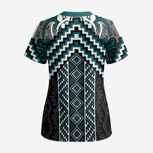 Maori Tukutuku Taniko Motifs Scrub Top Teal Poutama Mix Kowhaiwhai - Aussie Hoodie