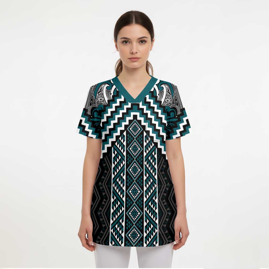 Maori Tukutuku Taniko Motifs Scrub Top Teal Poutama Mix Kowhaiwhai - Aussie Hoodie