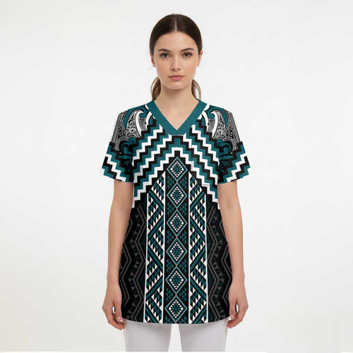 Maori Tukutuku Taniko Motifs Scrub Top Teal Poutama Mix Kowhaiwhai - Aussie Hoodie
