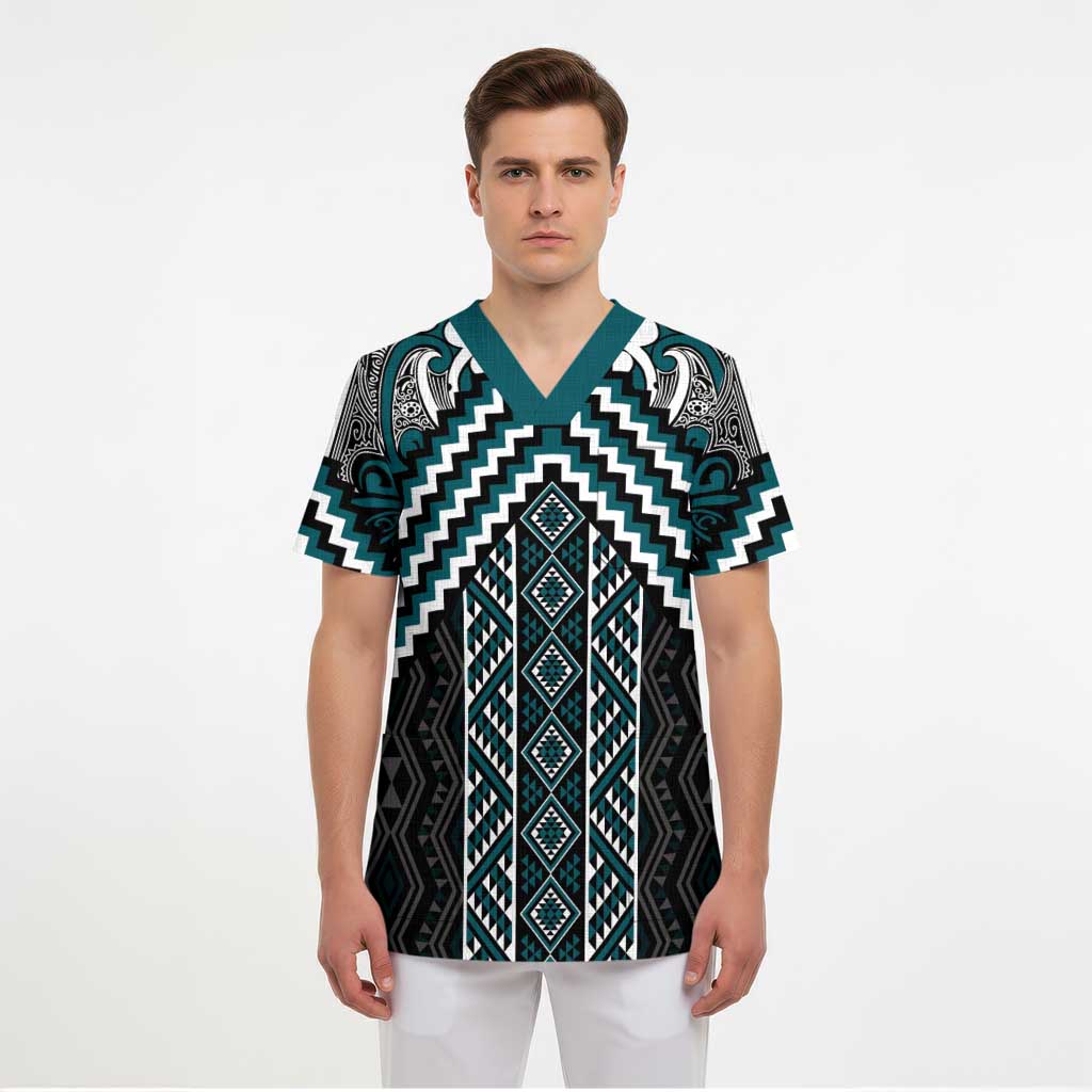 Maori Tukutuku Taniko Motifs Scrub Top Teal Poutama Mix Kowhaiwhai - Aussie Hoodie