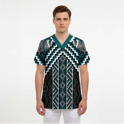 Maori Tukutuku Taniko Motifs Scrub Top Teal Poutama Mix Kowhaiwhai - Aussie Hoodie