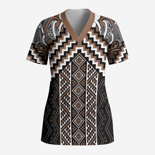 Maori Tukutuku Taniko Motifs Scrub Top Brown Poutama Mix Kowhaiwhai - Aussie Hoodie