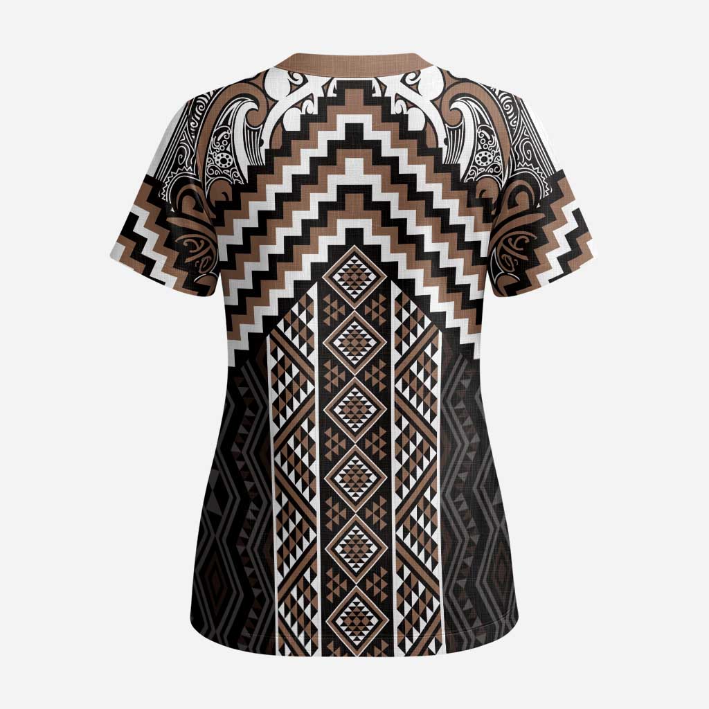 Maori Tukutuku Taniko Motifs Scrub Top Brown Poutama Mix Kowhaiwhai - Aussie Hoodie