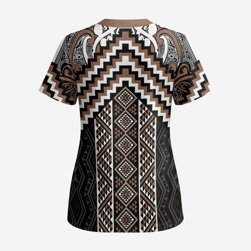 Maori Tukutuku Taniko Motifs Scrub Top Brown Poutama Mix Kowhaiwhai - Aussie Hoodie