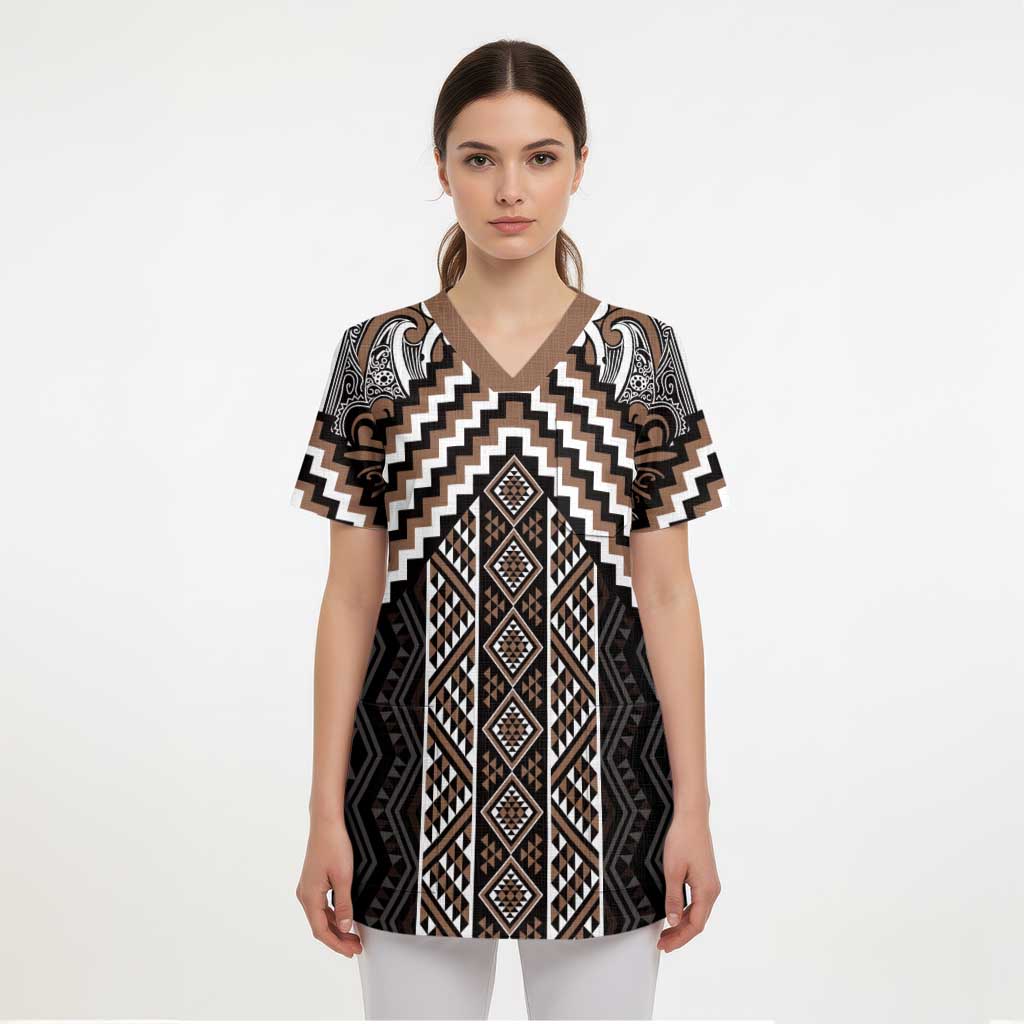 Maori Tukutuku Taniko Motifs Scrub Top Brown Poutama Mix Kowhaiwhai - Aussie Hoodie