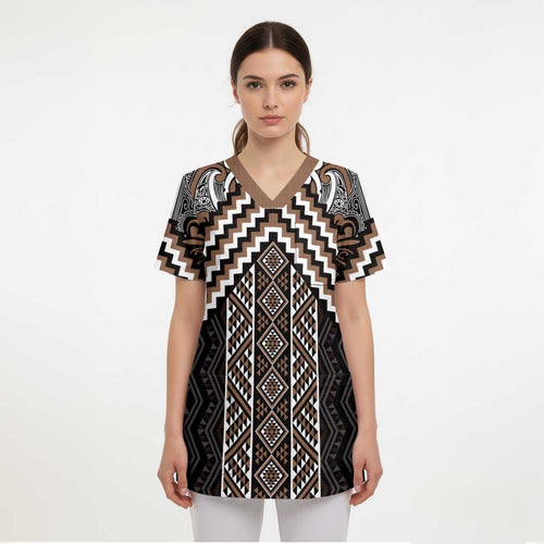 Maori Tukutuku Taniko Motifs Scrub Top Brown Poutama Mix Kowhaiwhai - Aussie Hoodie