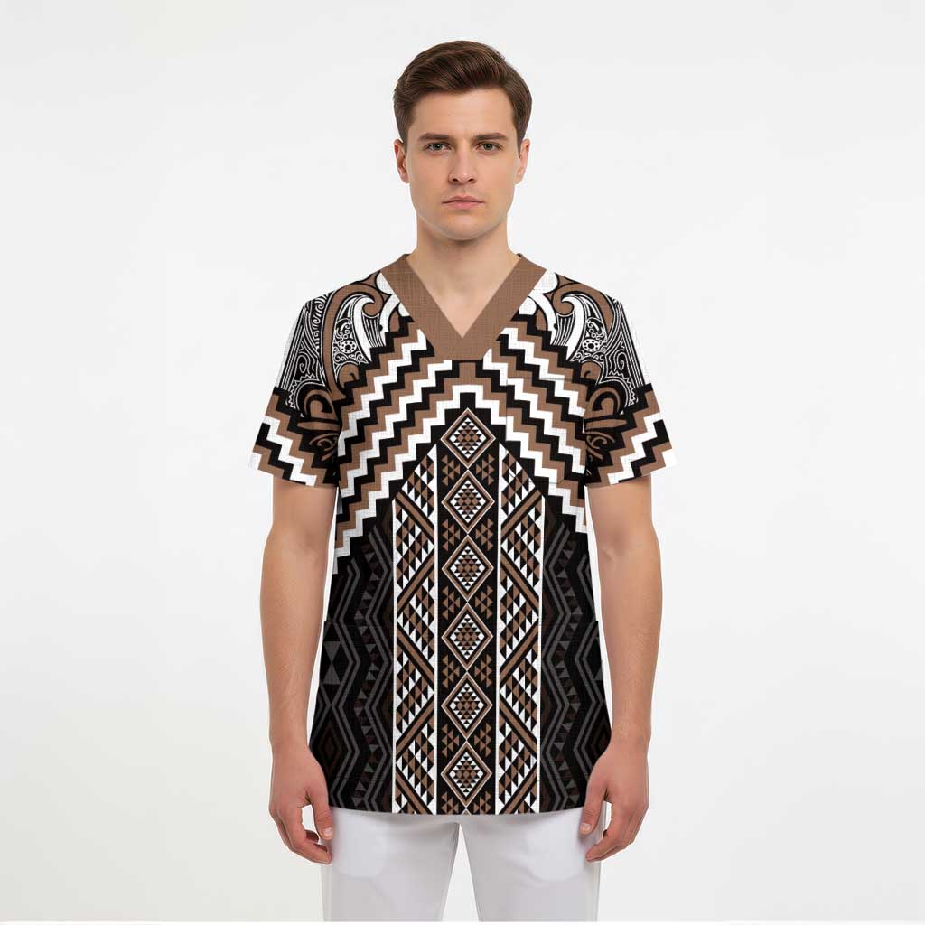 Maori Tukutuku Taniko Motifs Scrub Top Brown Poutama Mix Kowhaiwhai - Aussie Hoodie