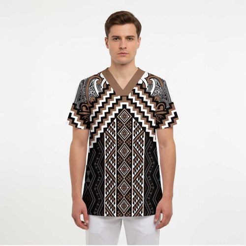 Maori Tukutuku Taniko Motifs Scrub Top Brown Poutama Mix Kowhaiwhai - Aussie Hoodie
