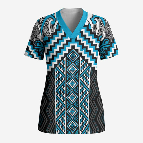 Maori Tukutuku Taniko Motifs Scrub Top Turquoise Poutama Mix Kowhaiwhai - Aussie Hoodie
