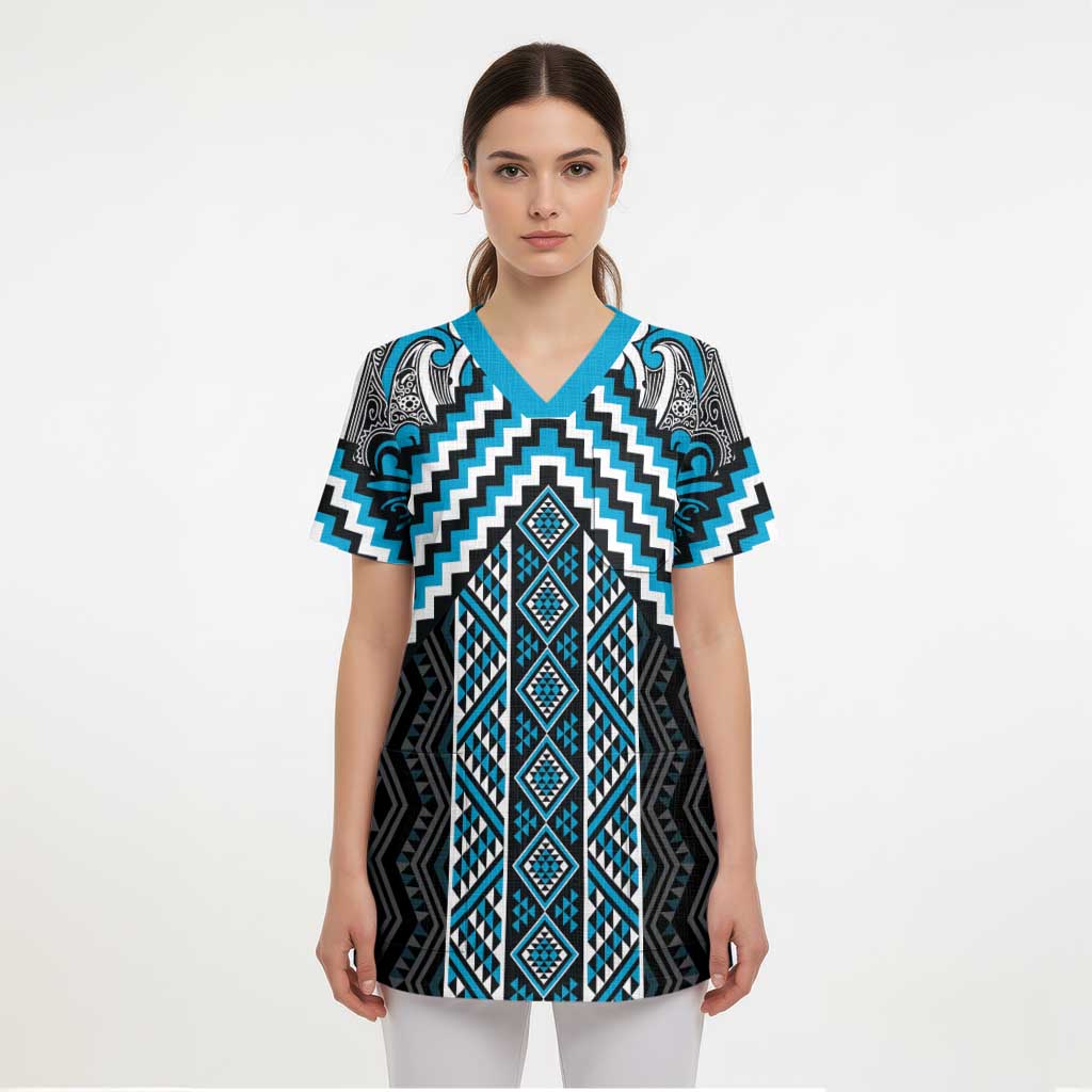 Maori Tukutuku Taniko Motifs Scrub Top Turquoise Poutama Mix Kowhaiwhai - Aussie Hoodie