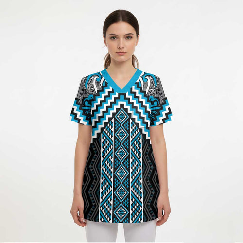 Maori Tukutuku Taniko Motifs Scrub Top Turquoise Poutama Mix Kowhaiwhai - Aussie Hoodie