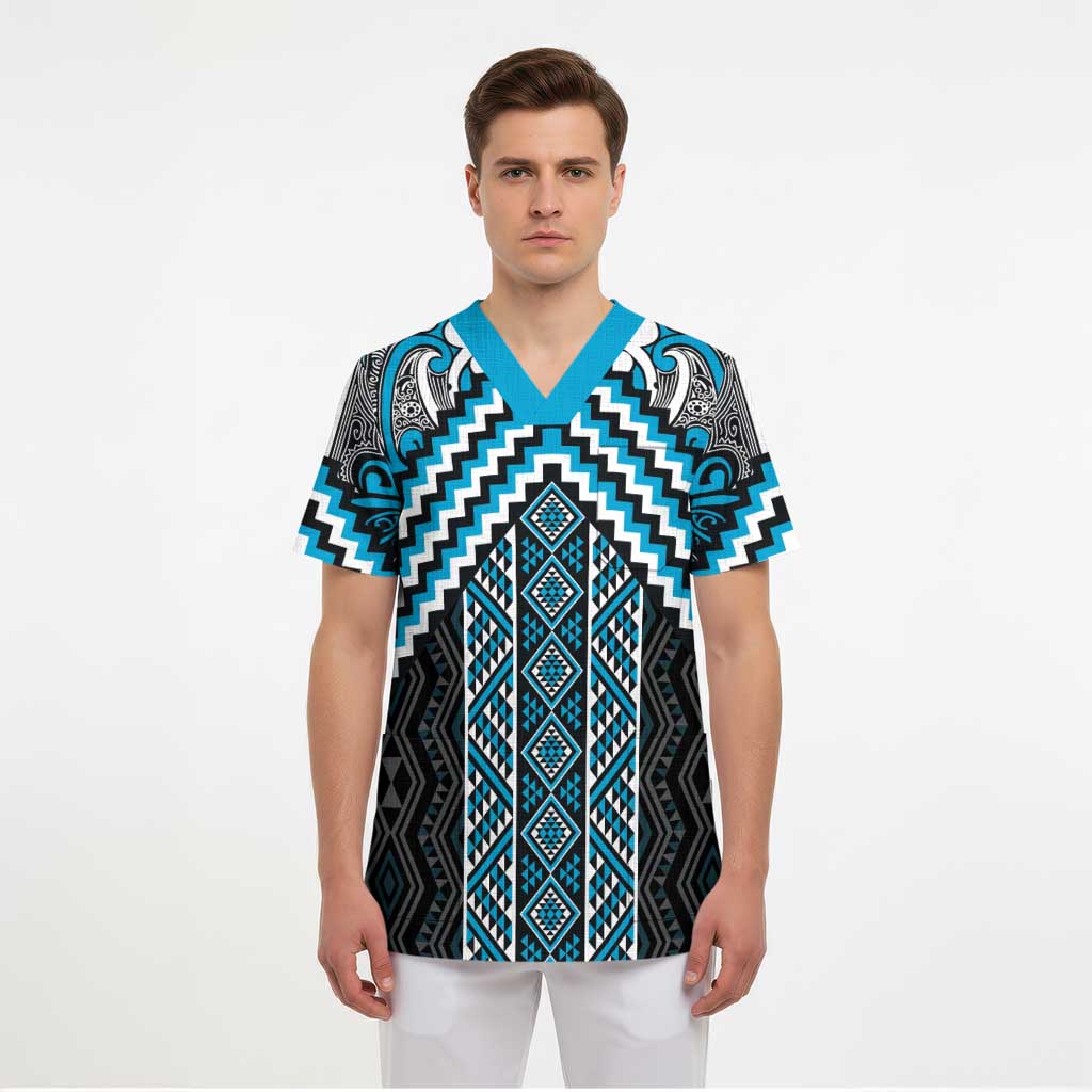 Maori Tukutuku Taniko Motifs Scrub Top Turquoise Poutama Mix Kowhaiwhai - Aussie Hoodie