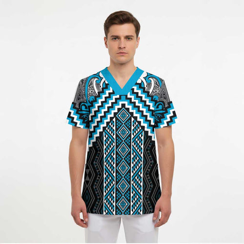Maori Tukutuku Taniko Motifs Scrub Top Turquoise Poutama Mix Kowhaiwhai - Aussie Hoodie