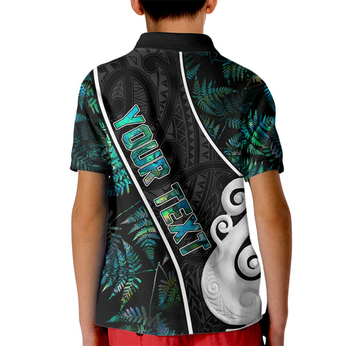 peronsalised-new-zealand-kid-polo-shirt-paua-shell-maori-manaia-with-silver-ferns
