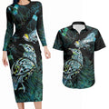 Aotearoa Maori Mahuru Couples Matching Long Sleeve Bodycon Dress and Hawaiian Shirt Spring Time - Paua Shell Green
