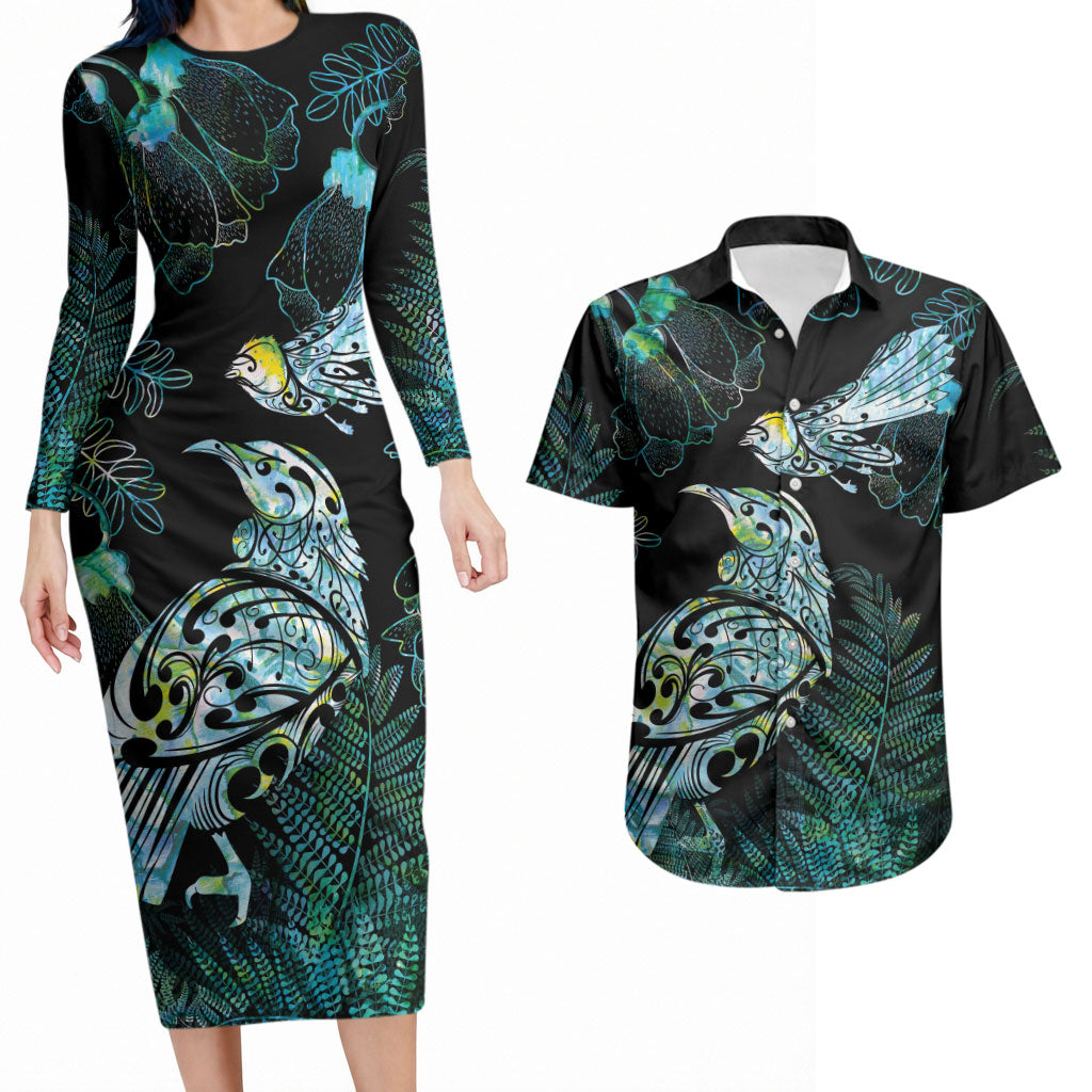 Aotearoa Maori Mahuru Couples Matching Long Sleeve Bodycon Dress and Hawaiian Shirt Spring Time - Paua Shell Green