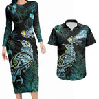 Aotearoa Maori Mahuru Couples Matching Long Sleeve Bodycon Dress and Hawaiian Shirt Spring Time - Paua Shell Green
