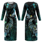 Aotearoa Maori Mahuru Couples Matching Long Sleeve Bodycon Dress and Hawaiian Shirt Spring Time - Paua Shell Green