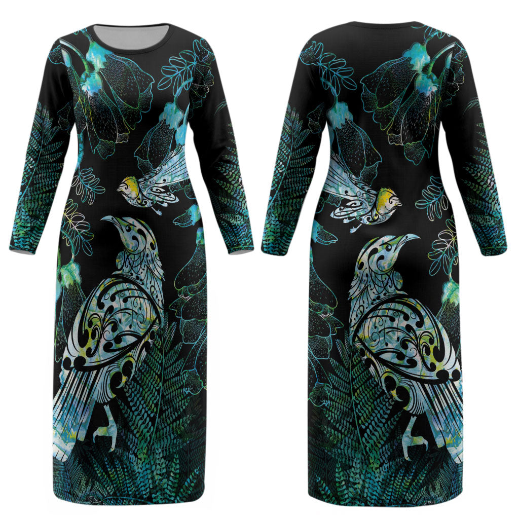 Aotearoa Maori Mahuru Couples Matching Long Sleeve Bodycon Dress and Hawaiian Shirt Spring Time - Paua Shell Green