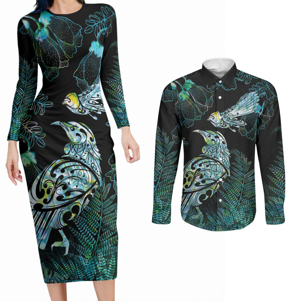 Aotearoa Maori Mahuru Couples Matching Long Sleeve Bodycon Dress and Long Sleeve Button Shirt Spring Time - Paua Shell Green