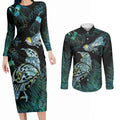 Aotearoa Maori Mahuru Couples Matching Long Sleeve Bodycon Dress and Long Sleeve Button Shirt Spring Time - Paua Shell Green
