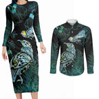Aotearoa Maori Mahuru Couples Matching Long Sleeve Bodycon Dress and Long Sleeve Button Shirt Spring Time - Paua Shell Green